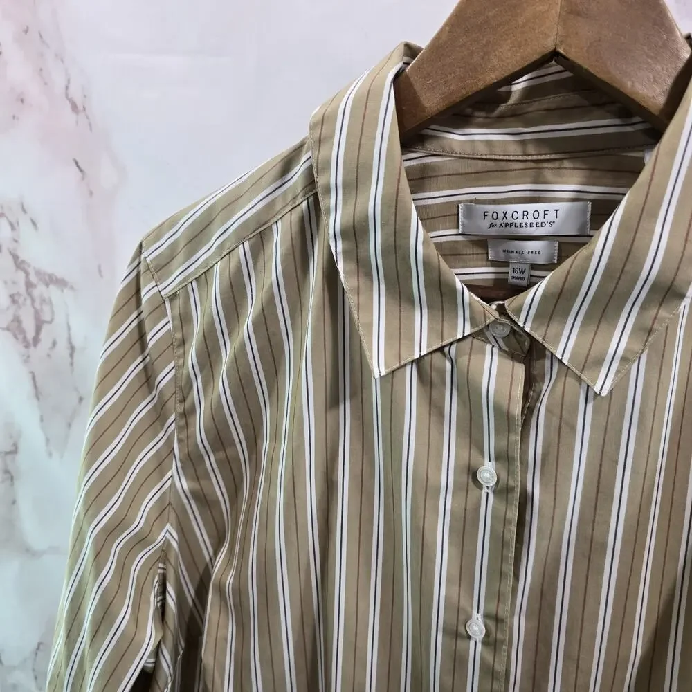 Foxcroft Shirt Women 16W Beige White Tan Striped Button Up Wrinkle Free Shaped - Picture 2 of 12